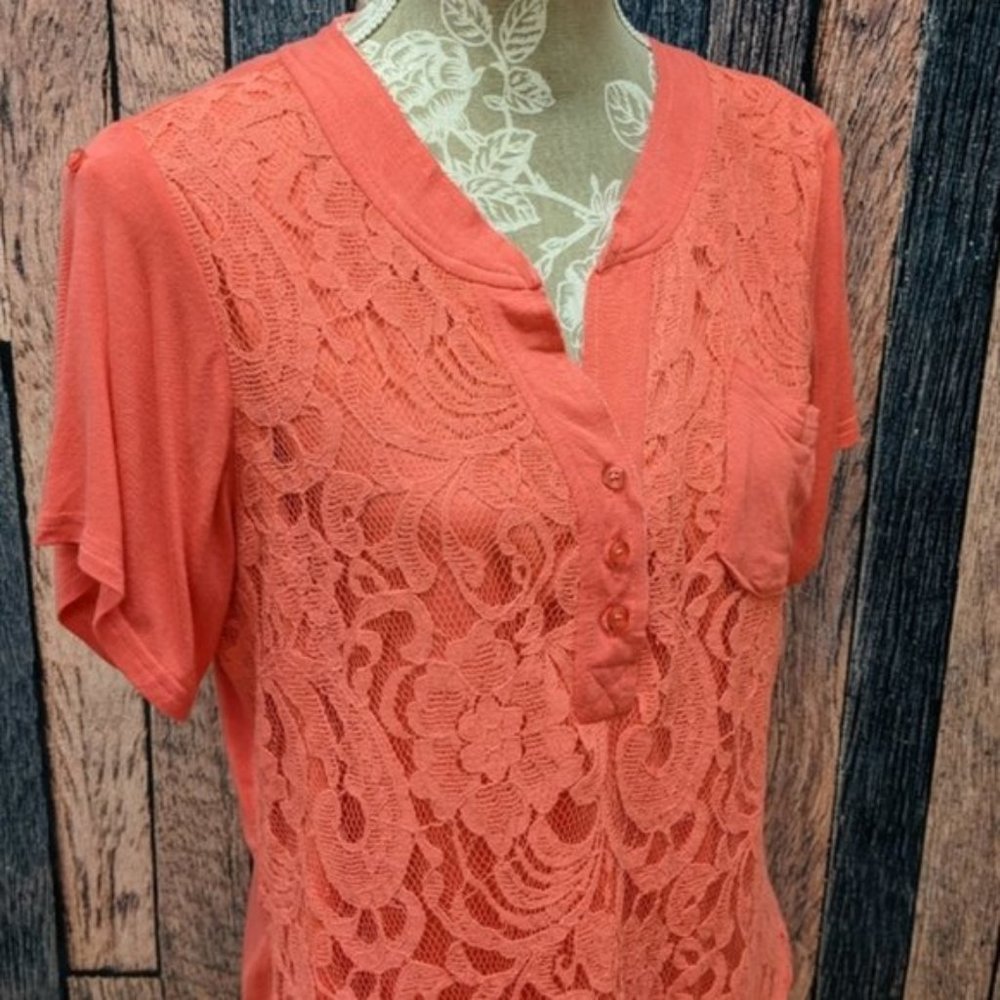 Lace Overlay Coral Tee